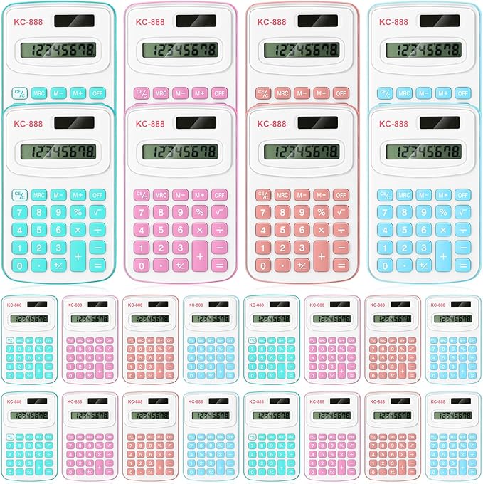 Hoteam 16 Pcs Christmas Pocket Calculator Gift for Students Bulk Mini Handheld Calculator Basic Standard Calculators with Button Battery 8 Digit Display for School Office Home(Light Color)