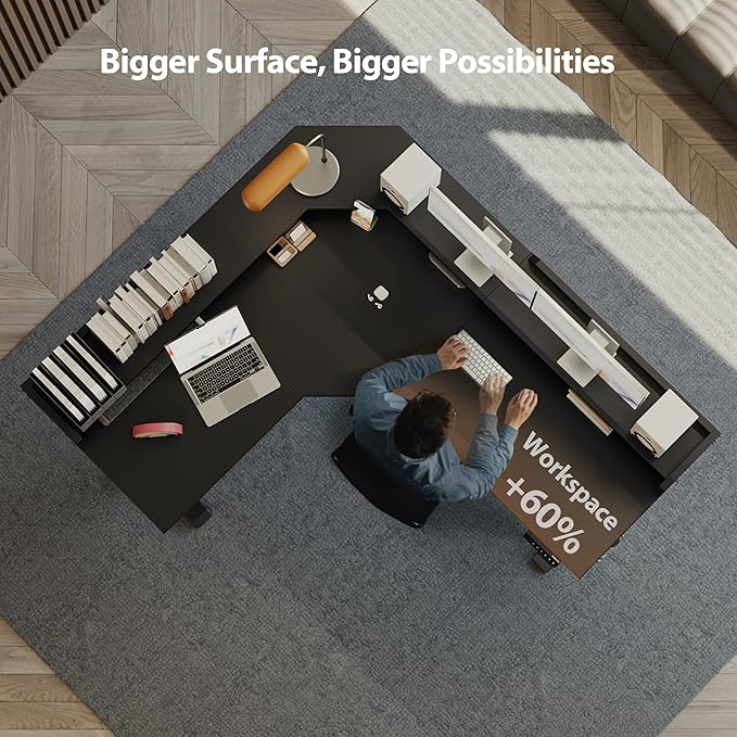 Agilestic L Shaped Standing Desk, Adjustable Height Corner Gaming Desk with Shelf, Sit Stand Up Desk, 63 x 55 Inch Home Office Computer Table, Black