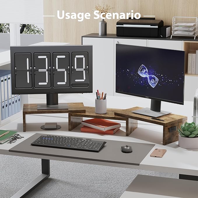 BONTEC Dual Monitor Stand Riser with Smartphone Holder, Adjustable Length & Swivel Angle, Ergonomic Wooden Desktop Organizer for PC Monitor, Laptop, Printer, Large Storage, White