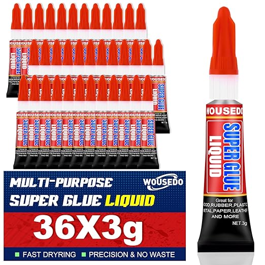 36 X 3g Super Glue Liquid, Clear Strong Adhesive,Fast Drying Cyanoacrylate Glue for Wood, Rubber, Leather, Hard Plastic, Metal, DIY Crafts and More