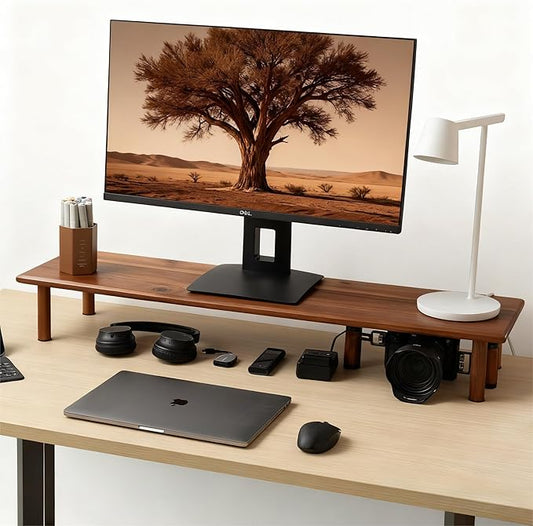 Dual Monitor Stand Riser Acacia Wood, Wooden Desk Monitor Riser for 2 Monitors Supports for Monitor, Printer, Heavy TV Riser up to 130 lbs