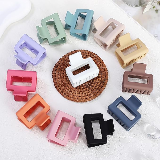 2 Inch Medium Hair Claw Clips 12 Pcs Square Hair Clips for Thin Hair Matte Nonslip Acrylic Banana Jaw Clips Bulk Hair Accessories for women and Girls - Colorful