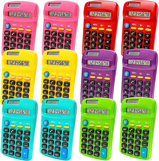 12 Pack Pocket Calculator Bulk: 8 Digit Hand Held Basic Calculator Small Solar Battery Dual Power Mini Calculators for Classroom Students Desktop School Home Office (Multicolor, 12 Pcs)