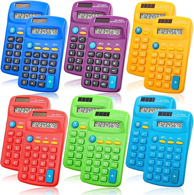 Goaste 12 Pack Pocket Size Mini Calculators, 8 Digit Display Basic Calculator, Small Solar Battery Dual Power Calculator in 6 Colors, 4 Function Handheld Calculators Bulk for Student Kid School Office