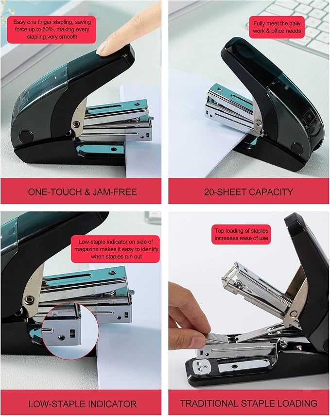 PAPERPAL Effortless Standard Stapler Set, 20 Sheet Capacity, Half Strip with Built-in Staples Storage, Includes 1000 pcs 1/4“ Staples & A Staple Remover, for Office, School & Personal Use, Black