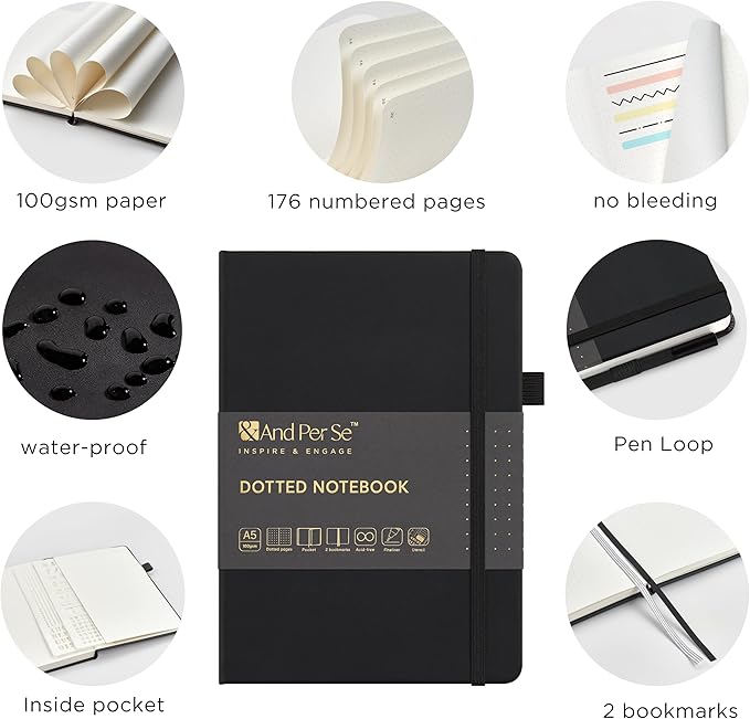 &And Per Se Bullet Dotted Journal Notebook Set (3 Packs), A5 Leather Hardcover, 176 Numbered Pages 100GSM Thick Dotted Paper, 2 Sheets of Stencils Included - 5.7'' x 8'' (Black)