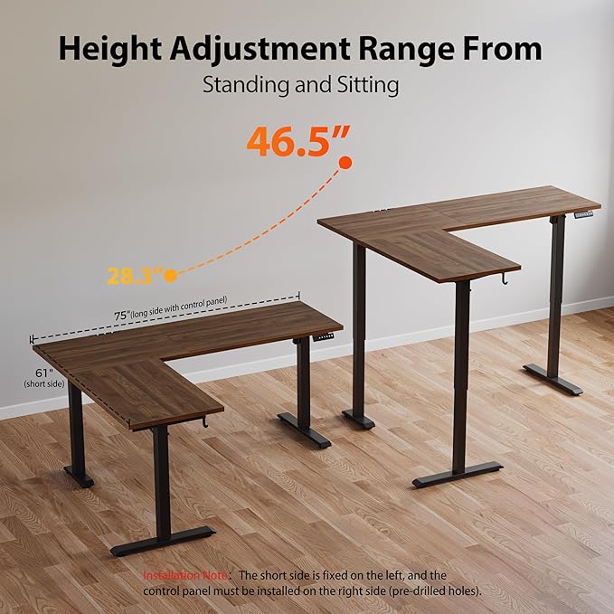 Agilestic L-Shaped Standing Desk Adjustable Height, Electric Corner Standing Desk, Sit Stand Up Desk, 75x61 inch Sit Stand Computer Table, Dark Walnut