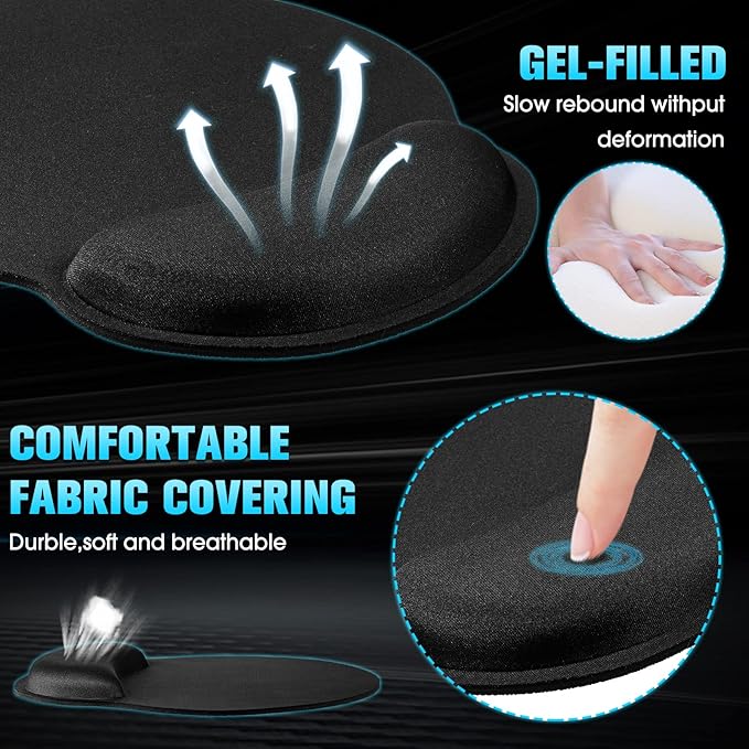 Yunsailing 8 Pack Ergonomic Mouse Pad with Wrist Rest Support Gel Memory Foam Mousepad Comfortable Computer Pad for Pain Relief(Black)