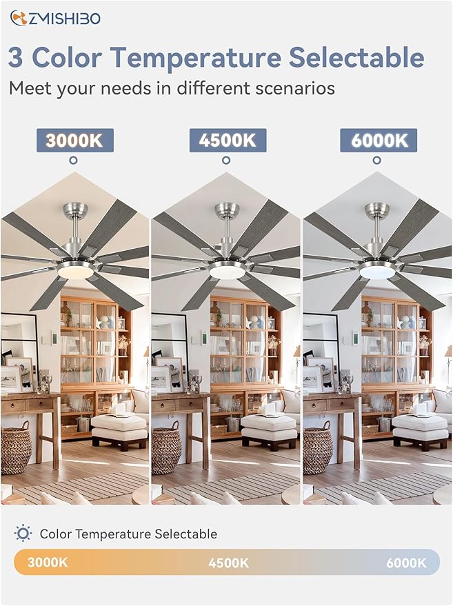 ZMISHIBO 72 inch Brushed Nickel Modern Ceiling Fans with Lights and Remote, Indoor/Outdoor Ceiling Fan for Living Room Patio, 6 Speed Reversible Quiet DC Motor, 3 CCT, Dual Finish Blades