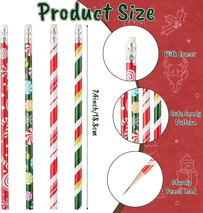 Xqumoi 60Pcs Christmas Pencils with Eraser - #2 HB Xmas Candy Cane Red Green Wood Pencils, School Classroom Student Rewards Office Supply Holiday Goodie Bag Fillers Stuffers Party Favors Gift