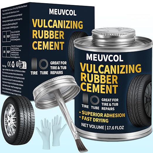 Vulcanizing Cement – 17.6 Oz Rubber Cement All Purpose for Tire Patch, Plug & Tube | Professional Tire Repair Glue with Brush for Motorcycle, Bike, Car | Clear, Fast Drying Tire Patch Glue Heavy Duty