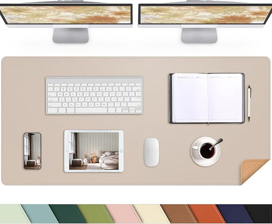AFIING Leather Desk pad Protector, Large Non-Slip Office Desk Mat with Natural Cork & PU Leather, Waterproof Writing Mouse Pad for Office and Home (47in*23in, Beige)