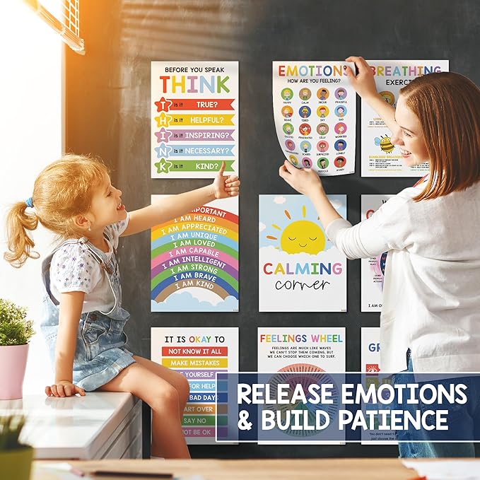 12 Calming Corner Classroom Posters (10x14) - Feelings Wheel Chart & Emotions Poster For Kids, Calm Down Corner Supplies For Therapy Office Decor, Mental Health Wall Decorations For Preschool
