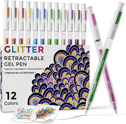 12 Colors Retractable Glitter Gel Pens, Colored Gel Pens, For Artists Adults Coloring Books Drawing Journaling Doodling Writing Back to School Supplies