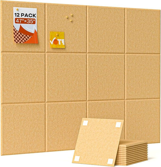 Large Cork Boards for Walls, 47"x35" Bulletin Board, 12-Pack Felt Wall Tiles with 60 Adhesive Tabs, Cork Boards for Office Decor, Felt Board Alternative Pin Board