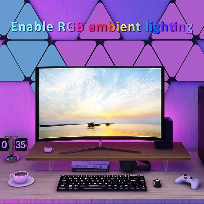 Monitor Stand Riser,Wood & Acrylic Computer Monitor Stand with LED Strip Light,Desk Accessories Desktop Organizer Stand for Computer,Laptop,Printer,PC & TV Screen