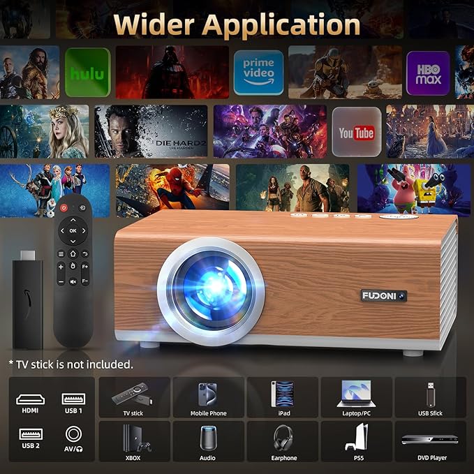 [Electric Focus / High Brightness] Projector with WiFi and Bluetooth, Highlight Native 1080P Outdoor Movie Projector, FUDONI Home Theater Auto 6D Keystone, 300"Screen for USB/HDMI/iOS/Android/TV Stick
