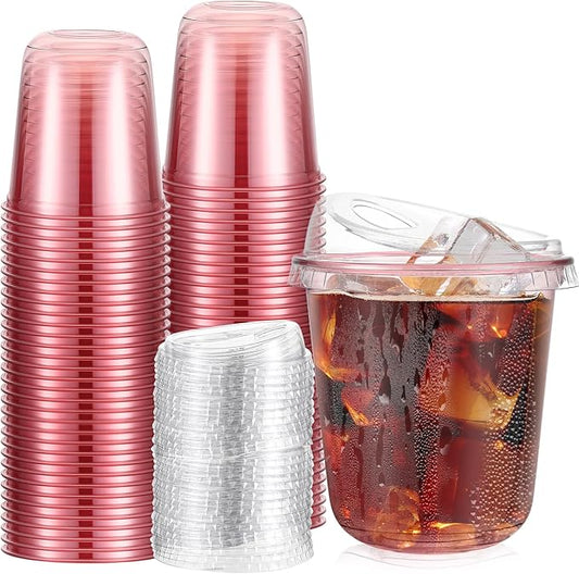 50 Sets Clear Plastic Coffee Cups with Sip Lids, Disposable Plastic PET Crystal Cups for Iced Coffee, Smoothie, Cold Beverage, Drink Shops and Party Catering(Clear Pink,12 oz)