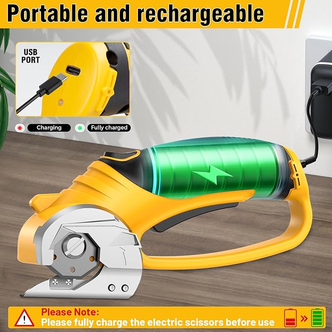 Cordless Electric Fabric Scissors, Cardboard Box Heavy Duty Scissor, Rechargeable Power Rotary Cutter, Leather Sewing Shears, Plastic Packages Carpet Cutter with Storage Bag, 4V, 2000mAh, Type-c