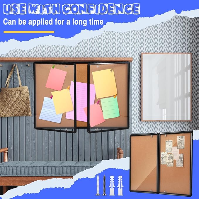 Enclosed Bulletin Board 48" x 36" Weather Resistant Lockable Notice Cork Display Board Wall Mounted 2 Locking Door for School Classroom Commercial Christmas, 12 x A4(Brown, Black Frame)