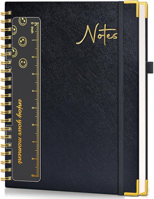 Hardcover Spiral Notebook Journal 8.5” x 11”, A4 Large Leather Notebooks for Women Men, Lined College Ruled Notebook, 100 GSM Paper, Spiral Bound Journals for Work School Note Taking Business, Black