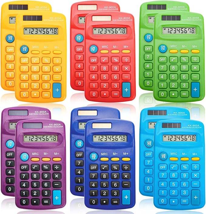 Goaste 12 Pack Pocket Size Mini Calculators, 8 Digit Display Basic Calculator, Small Solar Battery Dual Power Calculator in 6 Colors, 4 Function Handheld Calculators Bulk for Student Kid School Office