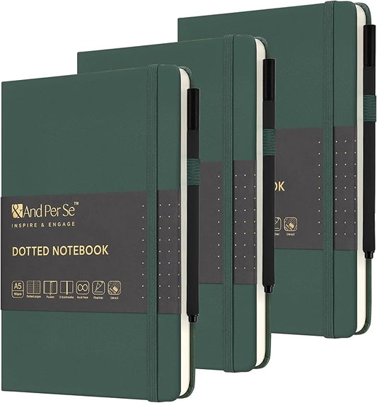 &And Per Se Bullet Dotted Journal Notebook Set (3 Packs), A5 Leather Hardcover, 176 Numbered Pages 100GSM Thick Dotted Paper, 2 Sheets of Stencils Included - 5.7'' x 8'' (Green)