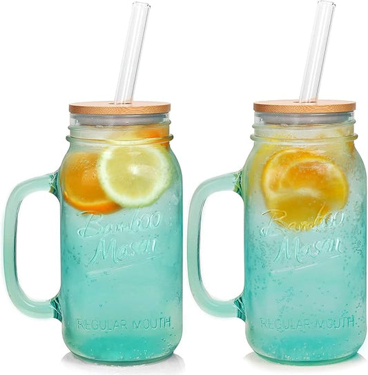 ANOTION Mason Jar with Handle - Colorful Drinking Glasses Colored Glass Cups with Lids and Straws Colored Glasses Drinking Set of 2 Mason Jars Iced Coffee Cups Tumblers Smoothie Water Bottles