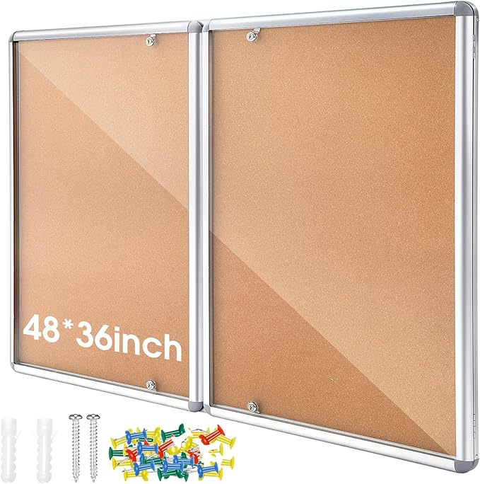Enclosed Bulletin Board 48" x 36" Weather Resistant Lockable Notice Cork Display Board Wall Mounted 2 Locking Door for School Classroom Commercial Christmas, 12 x A4(Brown, Silver Frame)