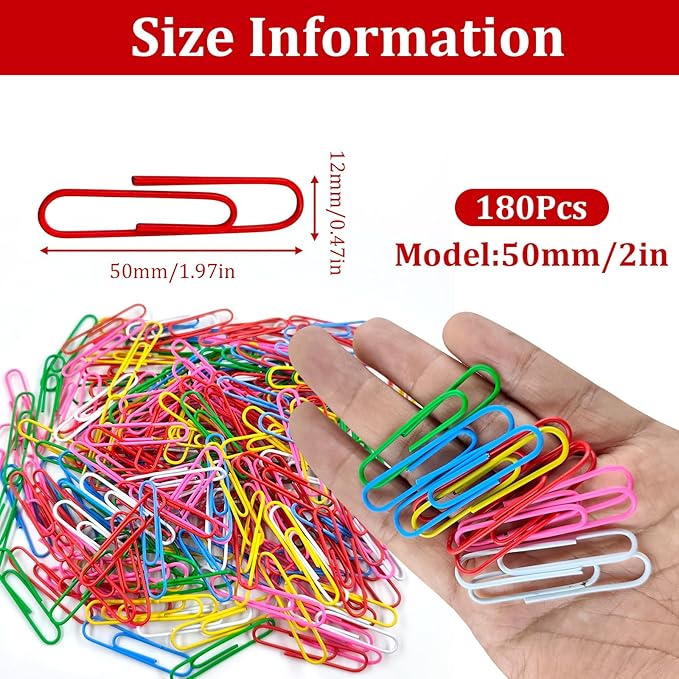 Paper Clips, 180 Pack 2 Inch Large Colored Paperclips, Large Assorted Colored Coated Paper Clips,Jumbo Reusable Big Paperclips for Paperwork Office School Document Organizing