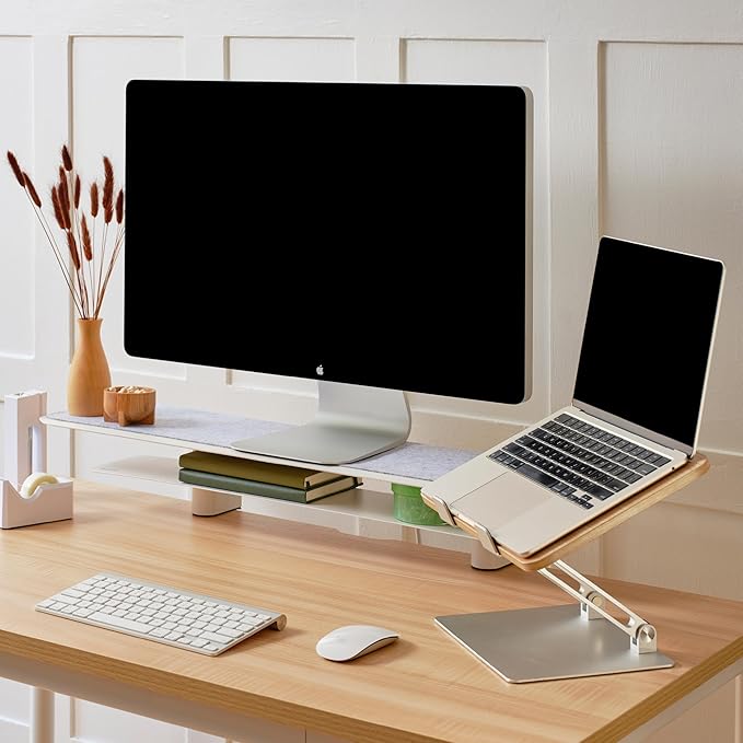 Branch Monitor Stand - Elegant, Durable Powder-Coated Steel Stand with Soft Felt Liner - Small Monitor Riser Second Tier Storage - Installs with a Universal Clamp for Ergonomic Workspace - White
