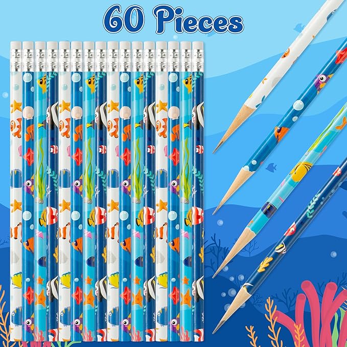 Xqumoi 60Pcs Tropical Fish Pencils with Eraser - Sea Animal #2 HB Pencils, Back to School Classroom Student Rewards, School Office Supply Bulk, Party Goodie Bag Fillers Stuffers, Birthday Party Favors
