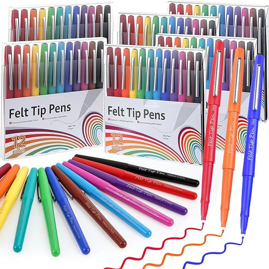 72 Pcs Felt Tip Pens 0.7mm Medium Point Felt Pen Bulk 12 Colors Markers Journal Planner for Teachers Students Journaling Writing Note Art Office School Supplies