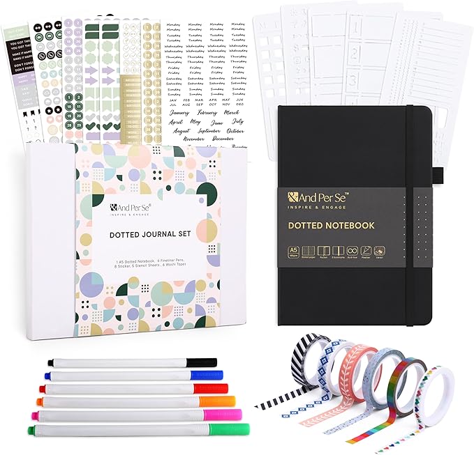 &And Per Se Dotted Journal Notebook Set, A5 Hardcover Dotted Journal (Black), 6 Fineliner Pens, 8 Sticker, 5 Stencil Sheets & 6 Washi Tapes, Journaling Supplies for Planner Schedule