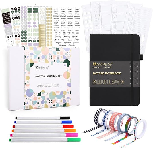 &And Per Se Dotted Journal Notebook Set, A5 Hardcover Dotted Journal (Black), 6 Fineliner Pens, 8 Sticker, 5 Stencil Sheets & 6 Washi Tapes, Journaling Supplies for Planner Schedule