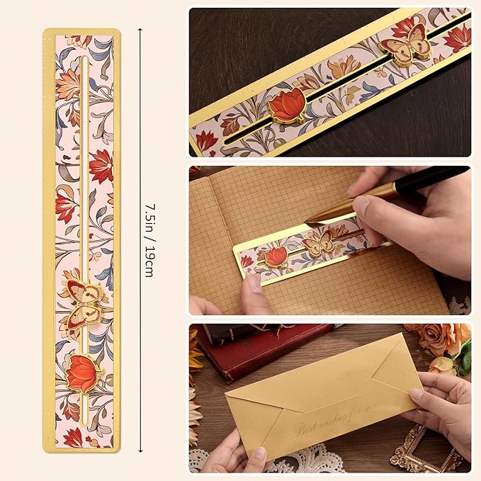 Metal Straight Edge Ruler, 7 Inch Scale, Vintage Floral Design & Movable Flower & Butterfly Slider, and Envelope, Ideal Christmas & New Year Gift for Book Lovers, Readers, Women, Teenage, Studen