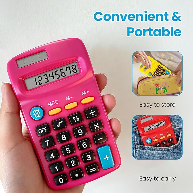 12 Pack Pocket Calculator Bulk: 8 Digit Hand Held Basic Calculator Small Solar Battery Dual Power Mini Calculators for Classroom Students Desktop School Home Office (Multicolor, 12 Pcs)