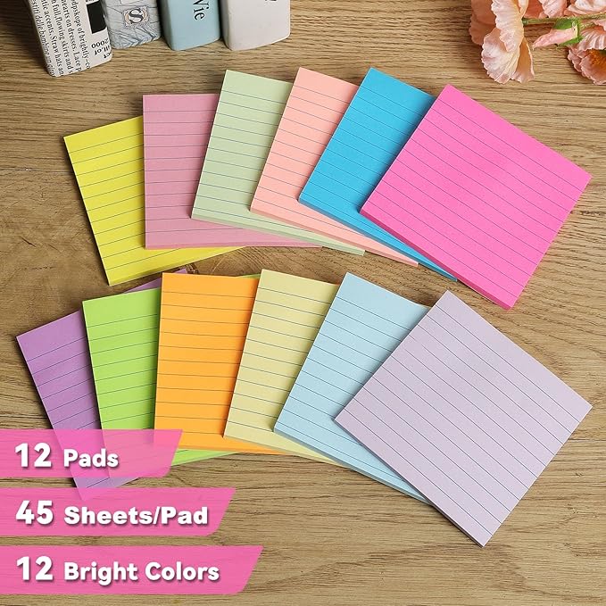 (12 Pack) Lined Sticky Notes 4x4 in, 12 Bright Colors Self Sticky Notes Pad Its Super Sticking Power Memo Pads, 4x4 Large Square Sticky Notes for Office,Home, School, Meeting