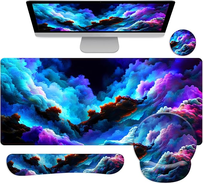 Long Mouse Pad XXL,Ergonomic Desk Mat Gaming Set,Keyboard Wrist Support Rest Mouse Pad Suitable for Office and Home (XXL Cotton Clouds)