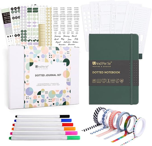 &And Per Se Dotted Journal Notebook Set, A5 Hardcover Dotted Journal (Green), 6 Fineliner Pens, 8 Sticker, 5 Stencil Sheets & 6 Washi Tapes, Journaling Supplies for Planner Schedule