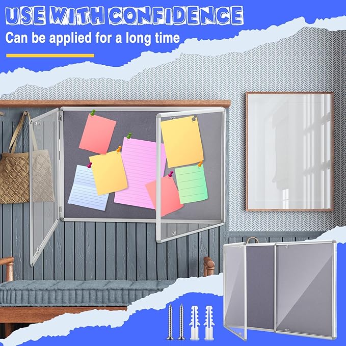 Enclosed Bulletin Board 48" x 36" Weather Resistant Lockable Notice Cork Display Board Wall Mounted 2 Locking Door for School Classroom Commercial Christmas, 12 x A4(Gray, Silver Frame)