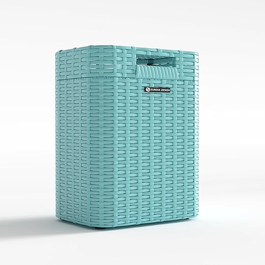 Ypati Handwoven 4 Gallon Rattan Trash Can with Lid, Boho Style Decorative Indoor and Outdoor Trash Bin with Shelf, Waste Basket for Bathroom, Kitchen, Patio, with Trash Bags, Turquoise Blue, Eureka