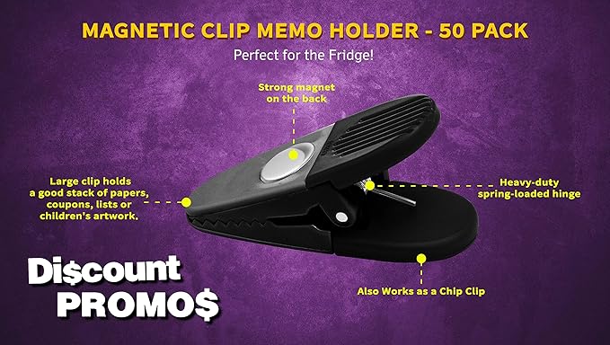 50 Magnetic Memo Holders Set - Customizable Text, Logo - Large Clip, Plastic - Black