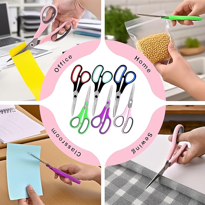 Scissors Set of 6 Bulk, Rkqoa 8" All Purpose Scissors Pack - with Ultra Sharp Blades and Comfort Grip Handles for School Office Classroom Everyday Use, Adult Size Scissor