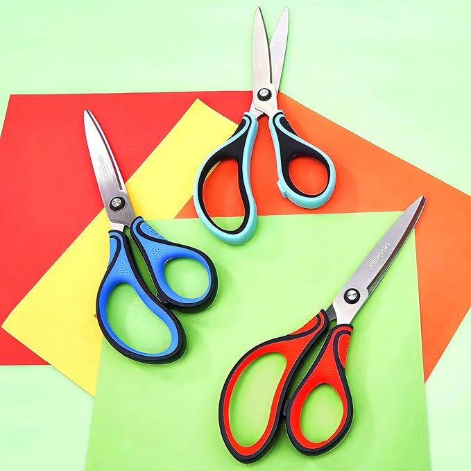8-Inch All Purpose Scissors 3 Pack, Sharp Pointed Tip & Comfort Grip, Multipurpose Scissors for Adult, Office, Craft, Fabric, Kitchen, School Use