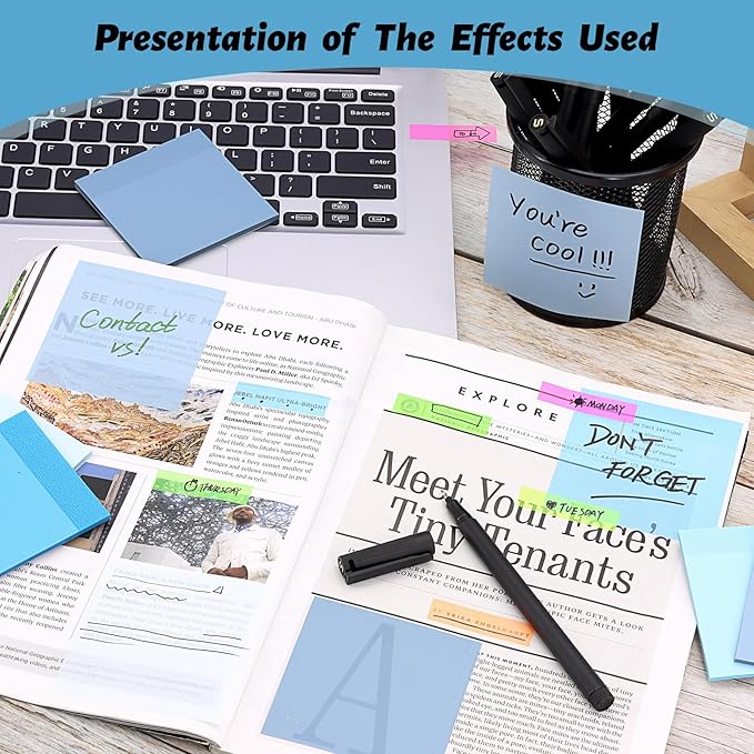 ‎SYMDROMIA Transparent Sticky Notes, 3"x3" Clear Post Translucent Sticky Notes with See Through Self-Adhesive Sticky Pads for Office School College Supplies,800 Sheets Ocean Blue