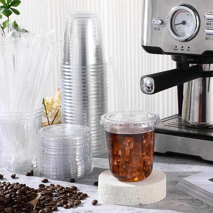 50 Sets Clear Plastic Cups with Lids and Straws, Disposable Iced Coffee Cups Drinking PET for Cold Drinks, Juice, Smoothie, Coffee Shops, Party, Christmas (Clear,14 oz)