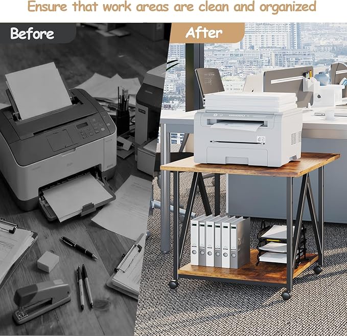 2-Tier Printer Stand, Printer Table with Storage, Industrial Printer Storage Cart with Wheels, Rolling Printer Stand for Heat Press Scanner Fax, Brown