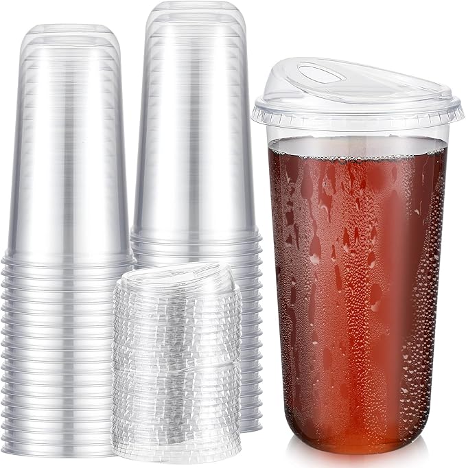 50 Sets Clear Plastic Coffee Cups with Sip Lids, Disposable Plastic PET Crystal Cups for Iced Coffee, Smoothie, Cold Beverage, Drink Shops and Party Catering(Clear,20 oz)