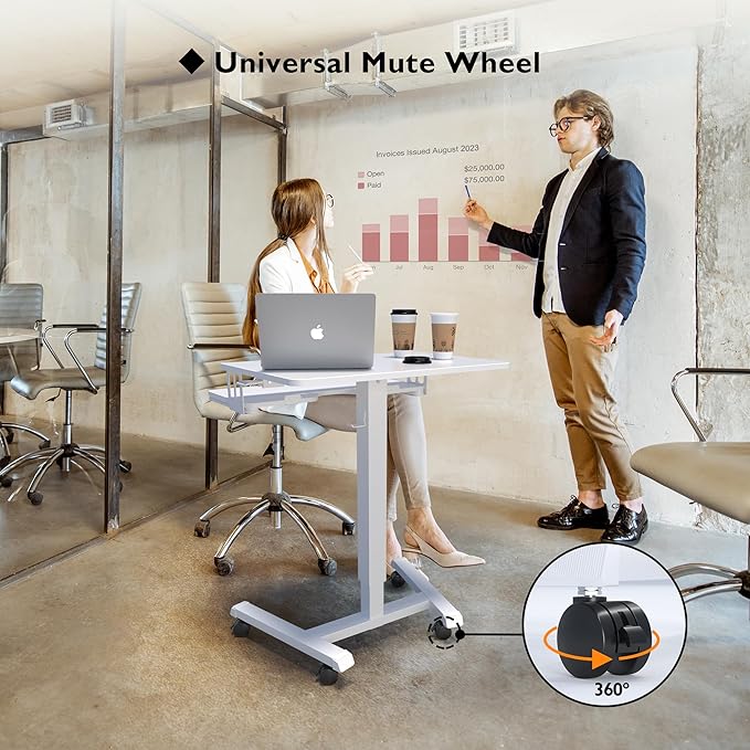 BONTEC Mobile Standing Desk with Keyboard Tray, Mobile Podium, Rolling Laptop Sit Stand Desk on Wheels, Adjustable Height Up to 33lbs, Portable Computer Workstation Cart for Living Room, Office, White